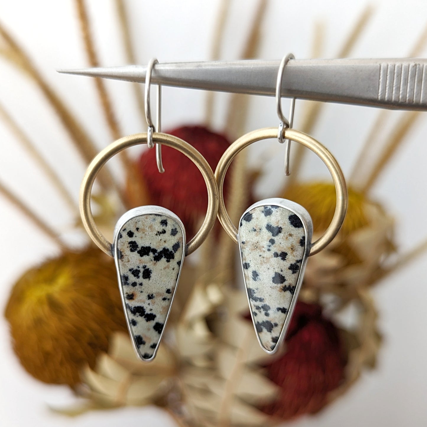 Dalmatian Jasper Mixed Metal Statement Earrings