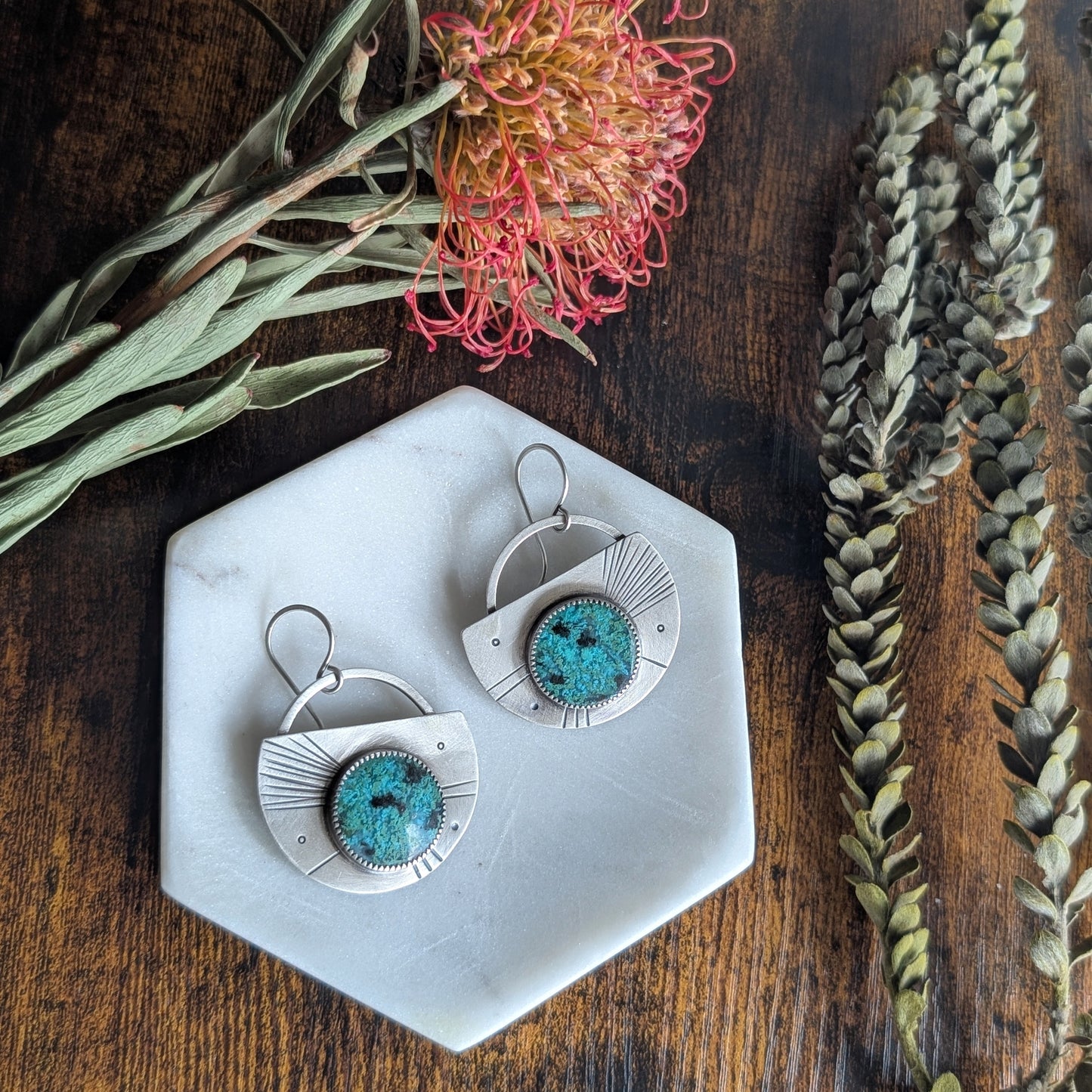 Sterling Silver + Blue Opalwood Asymmetrical Statement Earrings