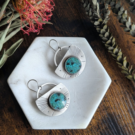 Sterling Silver + Blue Opalwood Asymmetrical Statement Earrings
