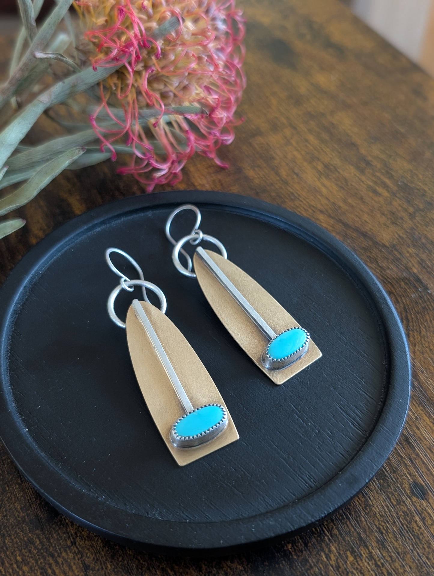 Kingman Turquoise + Brass + Sterling Silver Earrings