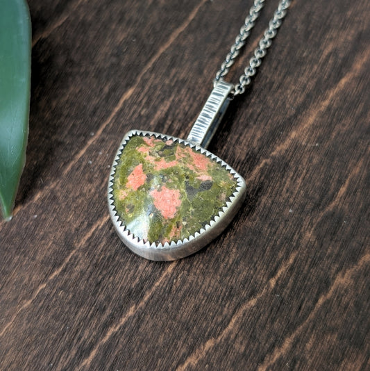 Unakite + Sterling Silver Pendant Necklace