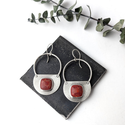 Red Sponge Coral Riveted Statment Earrings