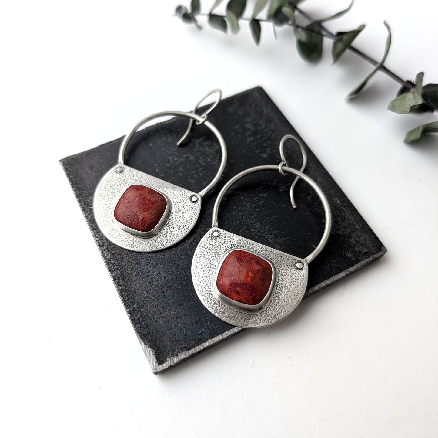 Red Sponge Coral Riveted Statment Earrings