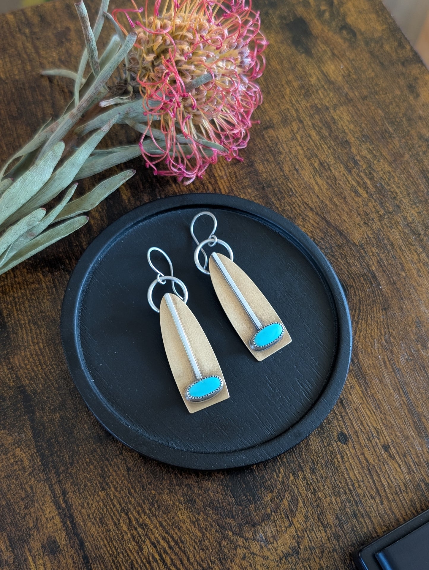 Kingman Turquoise + Brass + Sterling Silver Earrings