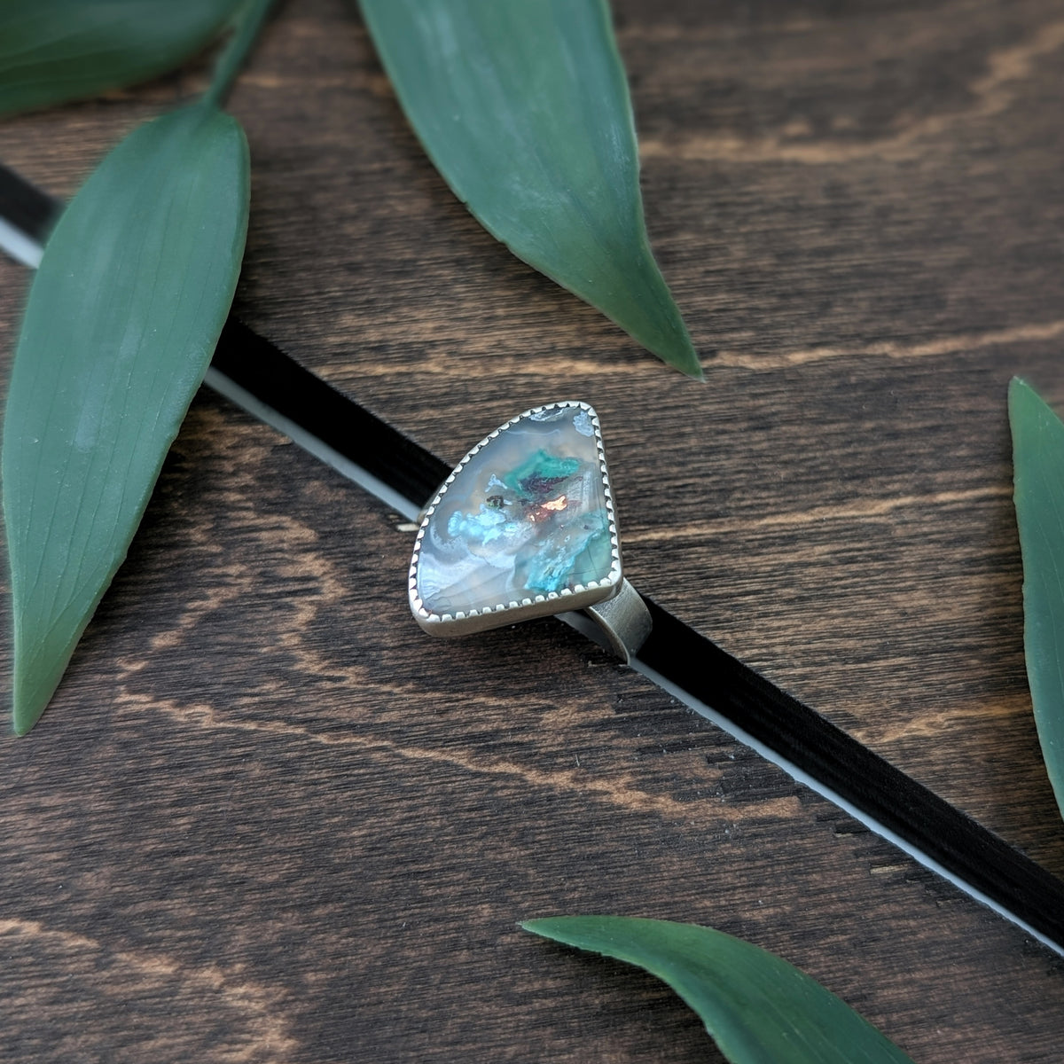 Chrysocolla Copper in Agate + Sterling Silver : Size 8-8.25