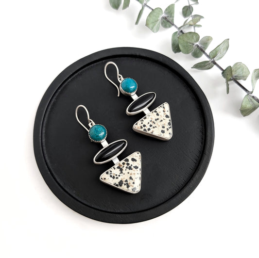 Tiered Gem Earrings: Chrysocolla Black Onyx Dalmatian Jasper