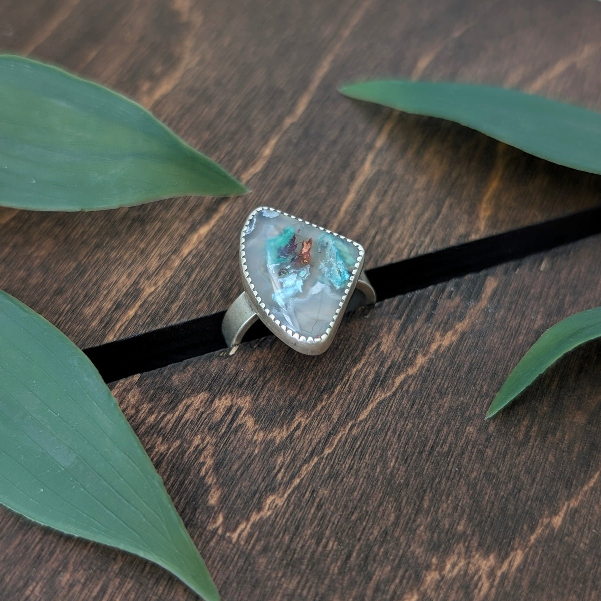 Chrysocolla Copper in Agate + Sterling Silver : Size 8-8.25
