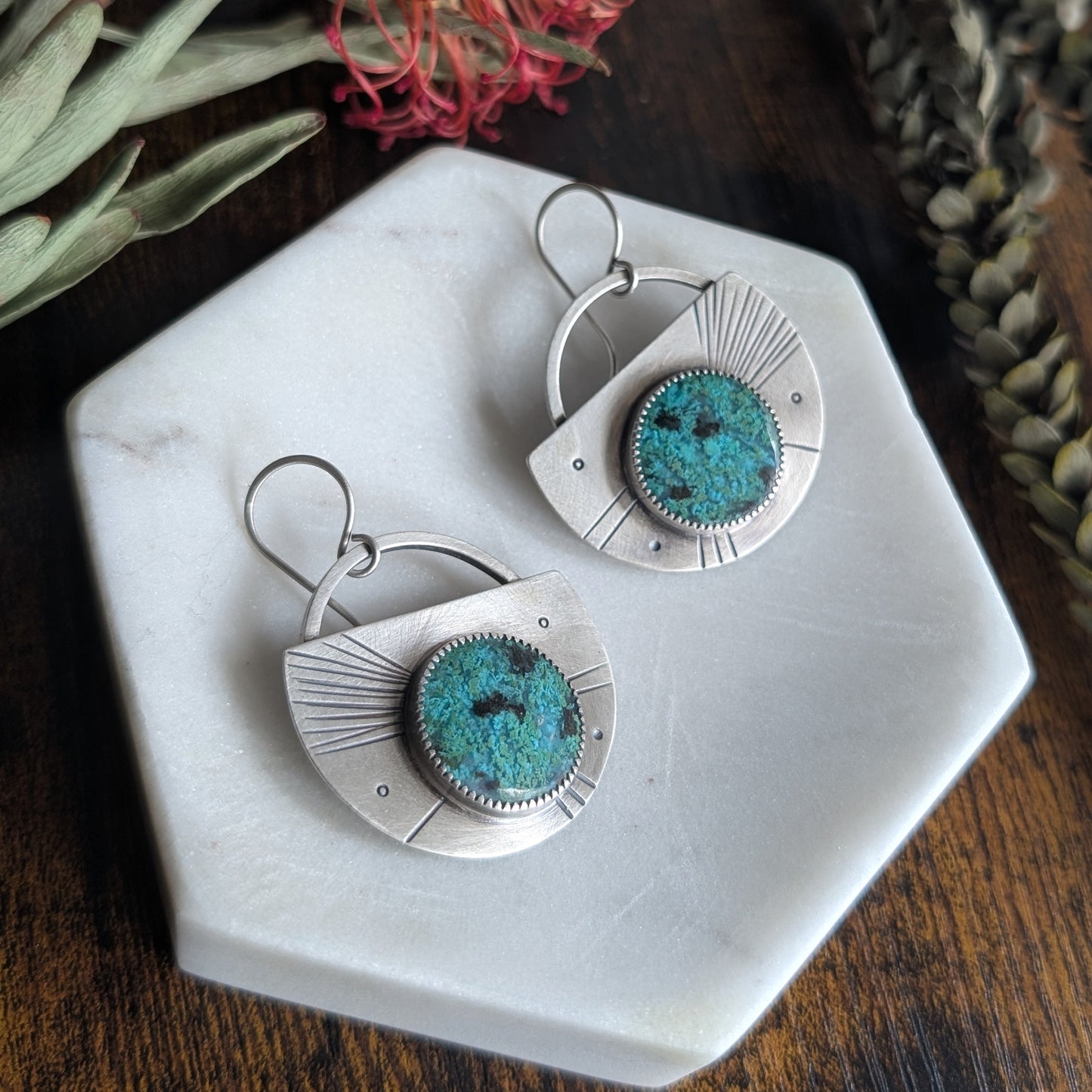Sterling Silver + Blue Opalwood Asymmetrical Statement Earrings