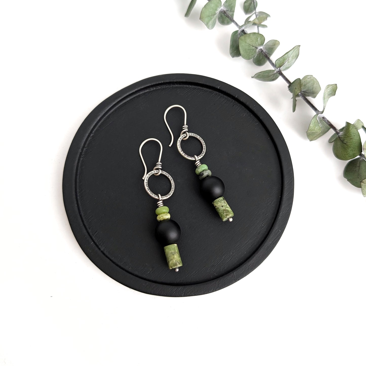 Mixed Gem Dangles : Matte Black Onyx + Chrysoprase