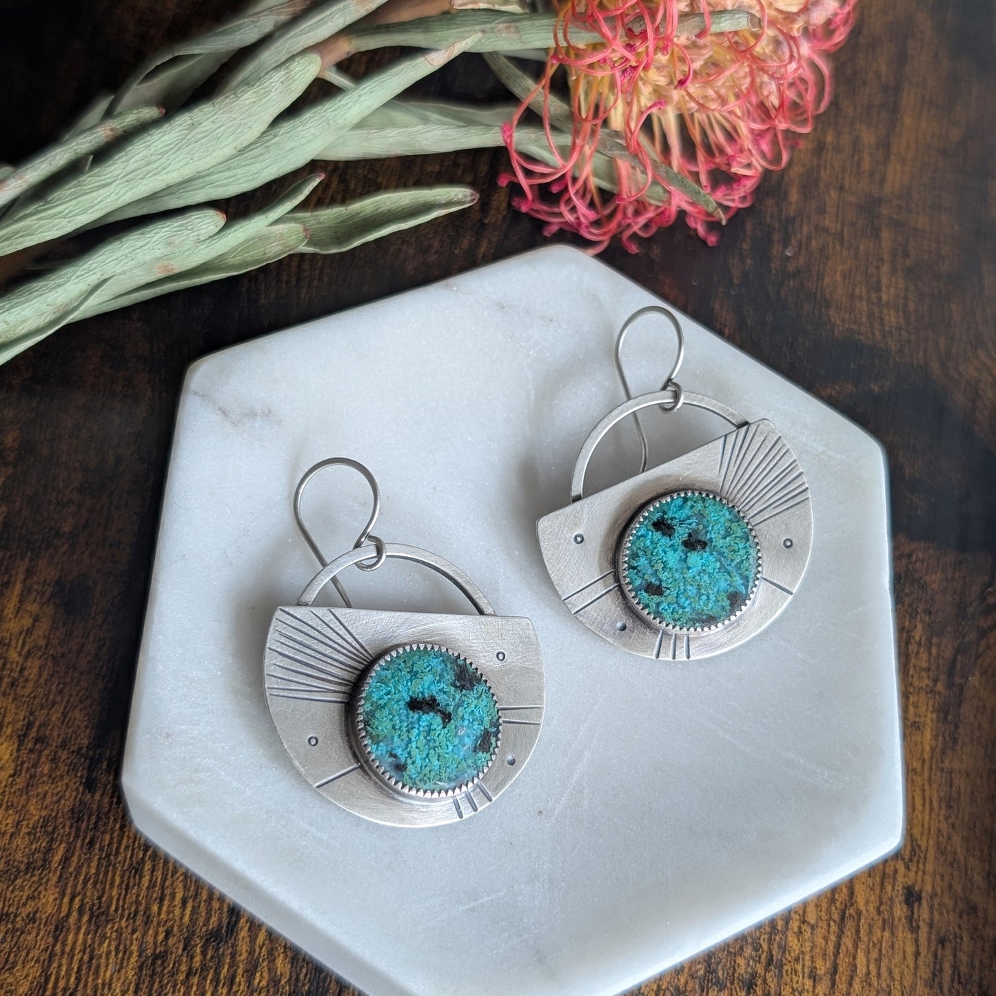 Sterling Silver + Blue Opalwood Asymmetrical Statement Earrings