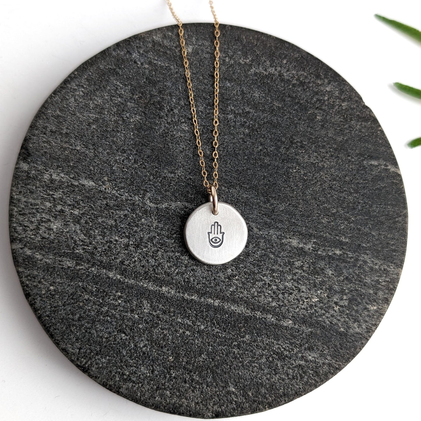 Stamped Flat Pebble Mixed Metal Charm Necklace