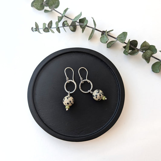 Mixed Gem Dangle Earrings : Dalmatian Jasper + Olive Jade