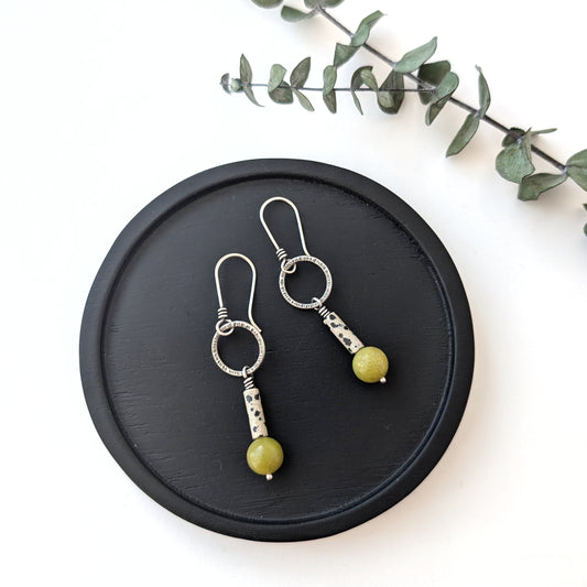 Mixed Gem Dangle Earrings : Olive Jade + Dalmatian Jasper