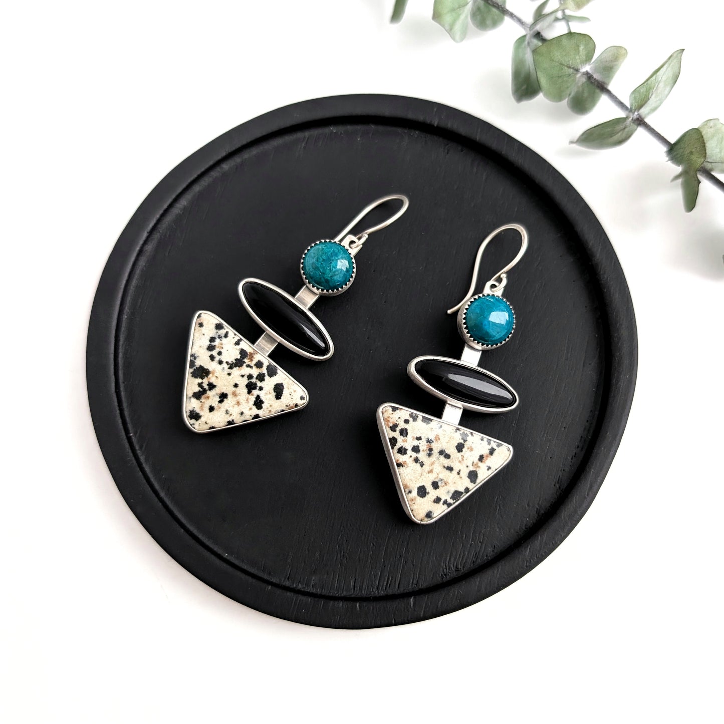 Tiered Gem Earrings: Chrysocolla Black Onyx Dalmatian Jasper