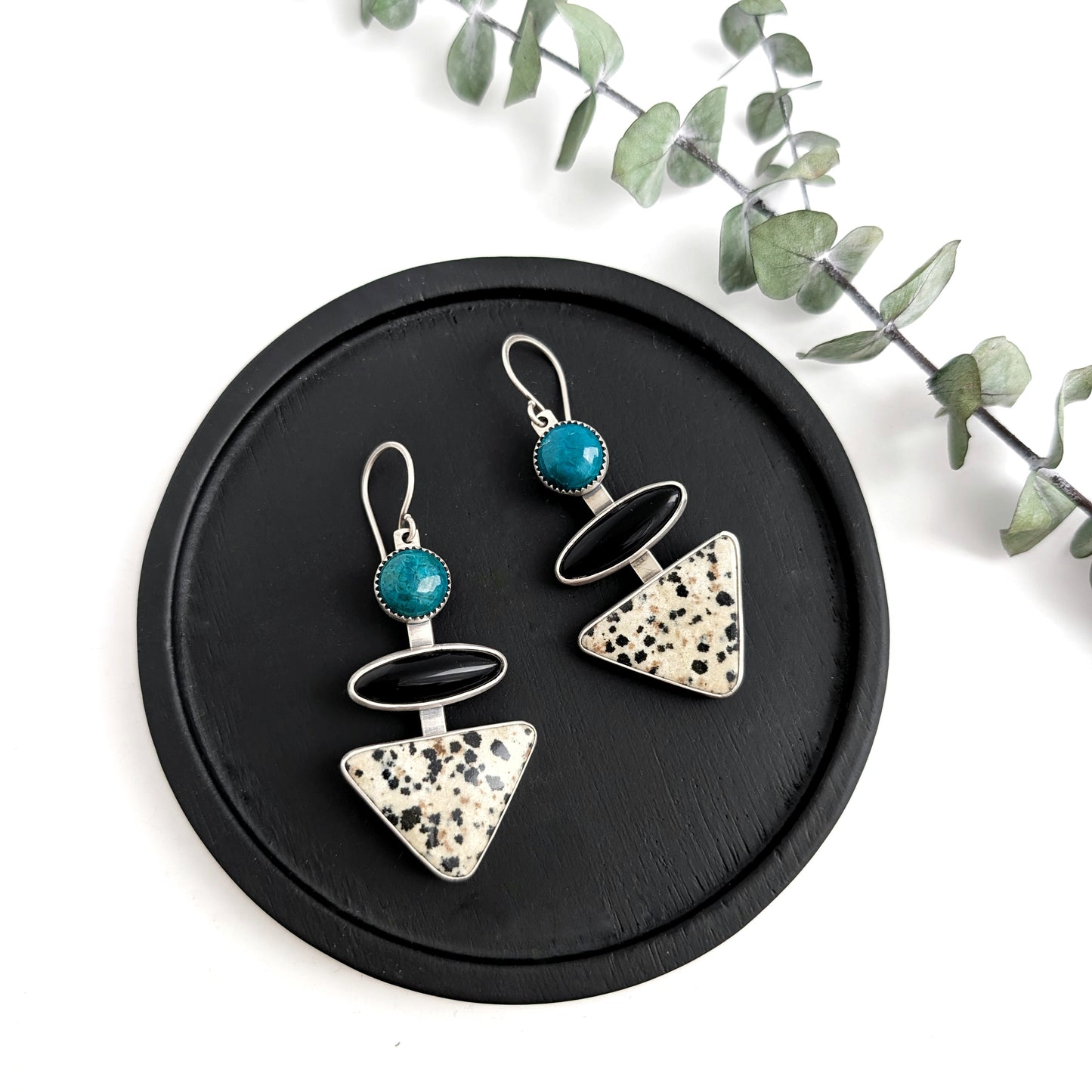 Tiered Gem Earrings: Chrysocolla Black Onyx Dalmatian Jasper