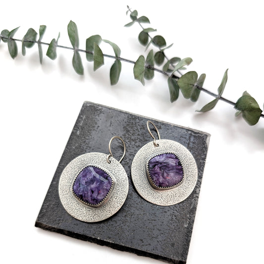 Charoite Textured Statement Earrings