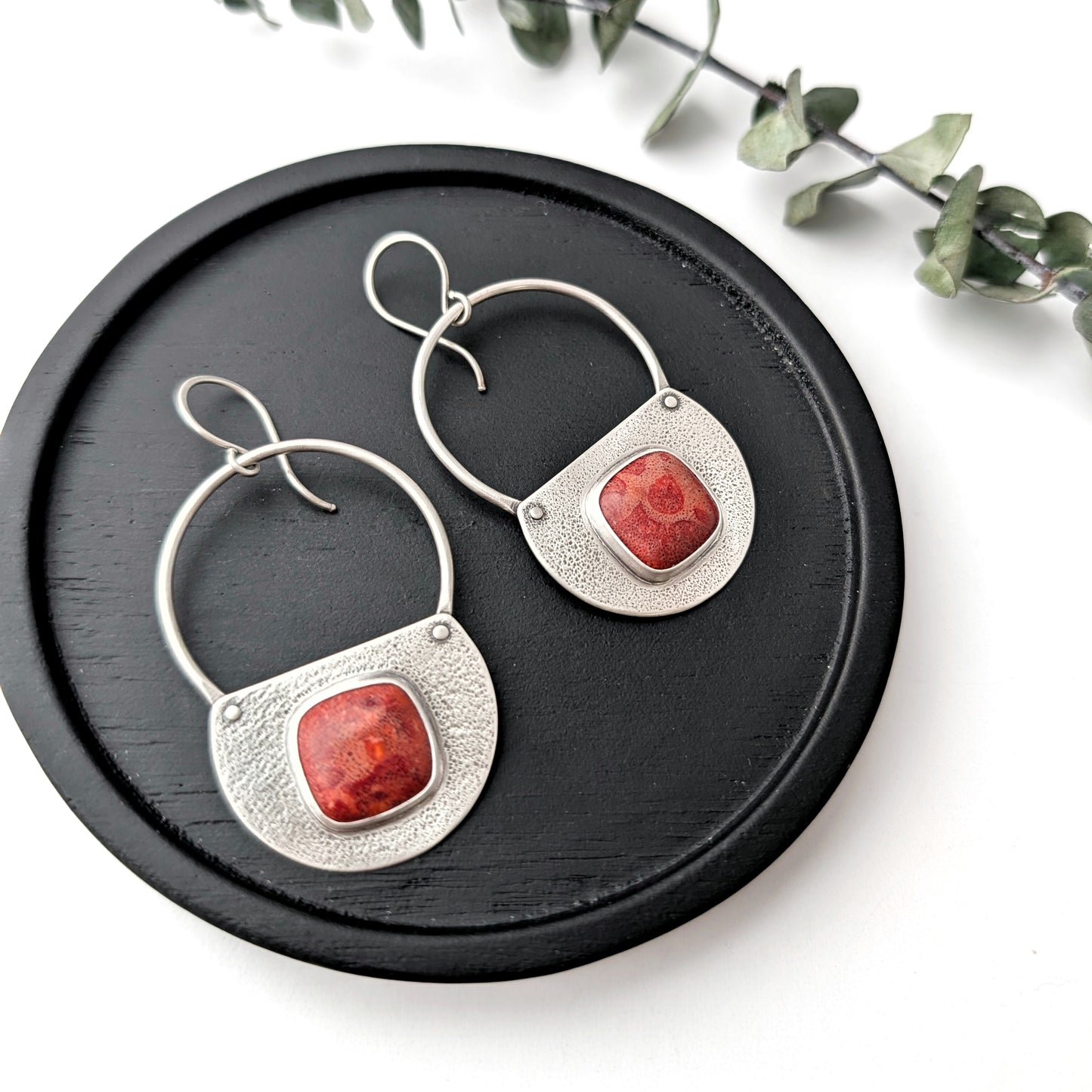 Red Sponge Coral Riveted Statment Earrings