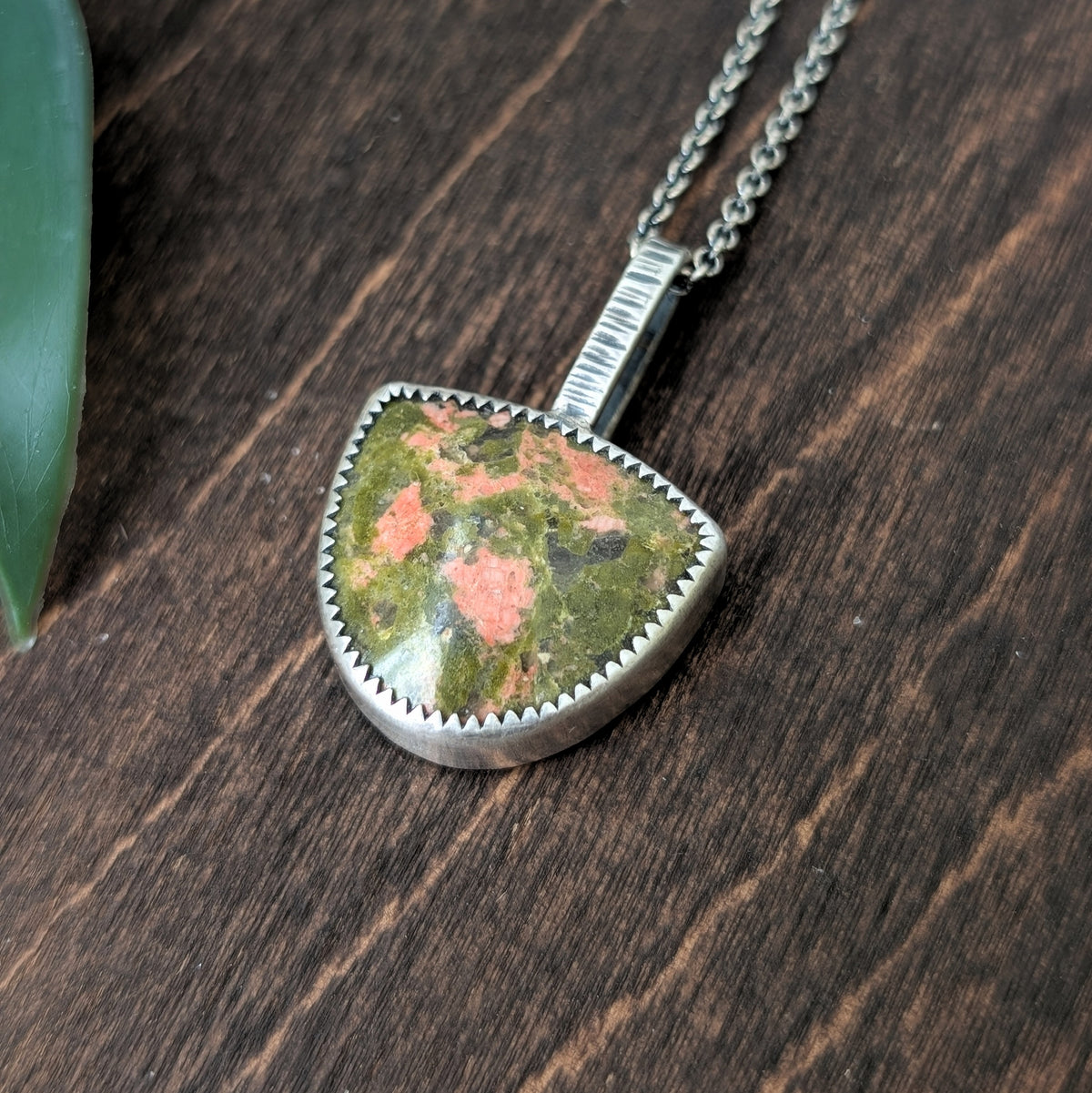 Unakite + Sterling Silver Pendant Necklace