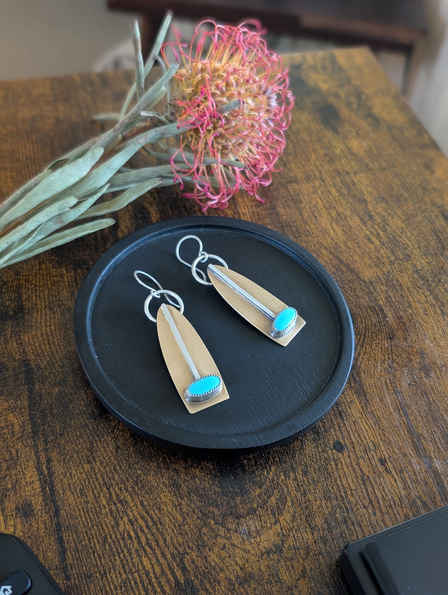 Kingman Turquoise + Brass + Sterling Silver Earrings