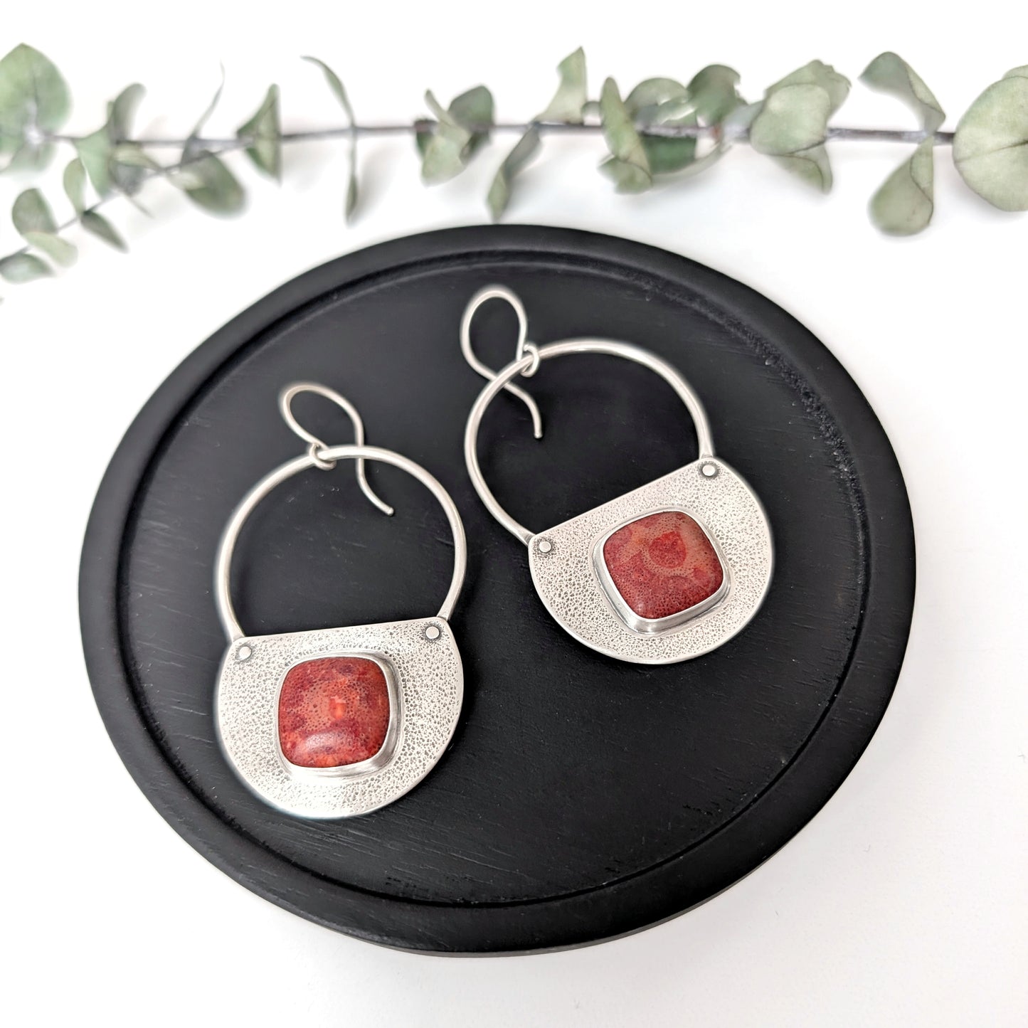 Red Sponge Coral Riveted Statment Earrings