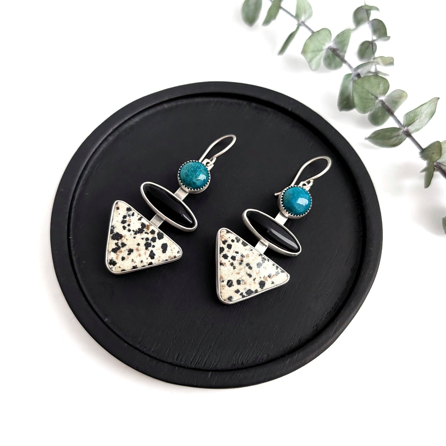 Tiered Gem Earrings: Chrysocolla Black Onyx Dalmatian Jasper