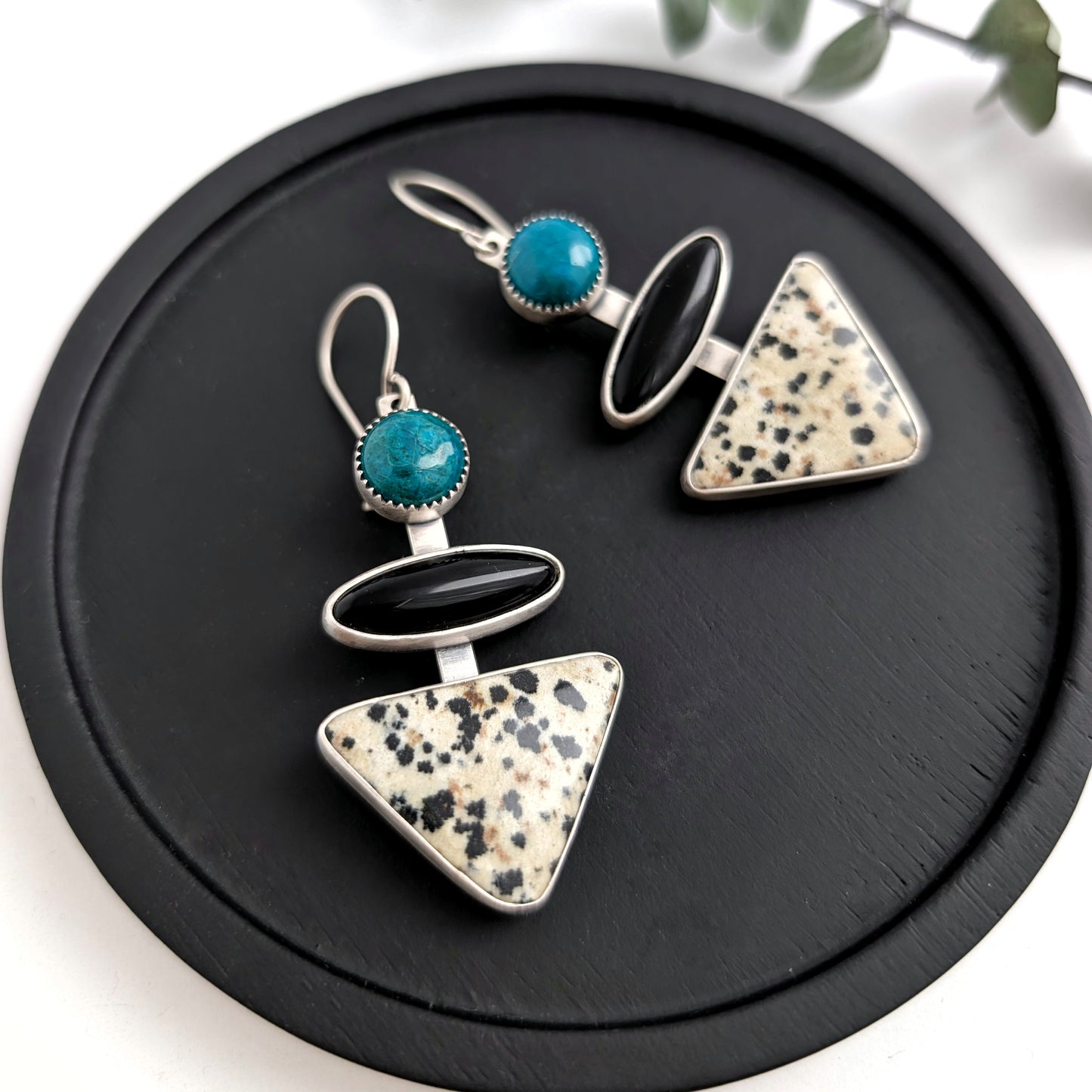 Tiered Gem Earrings: Chrysocolla Black Onyx Dalmatian Jasper