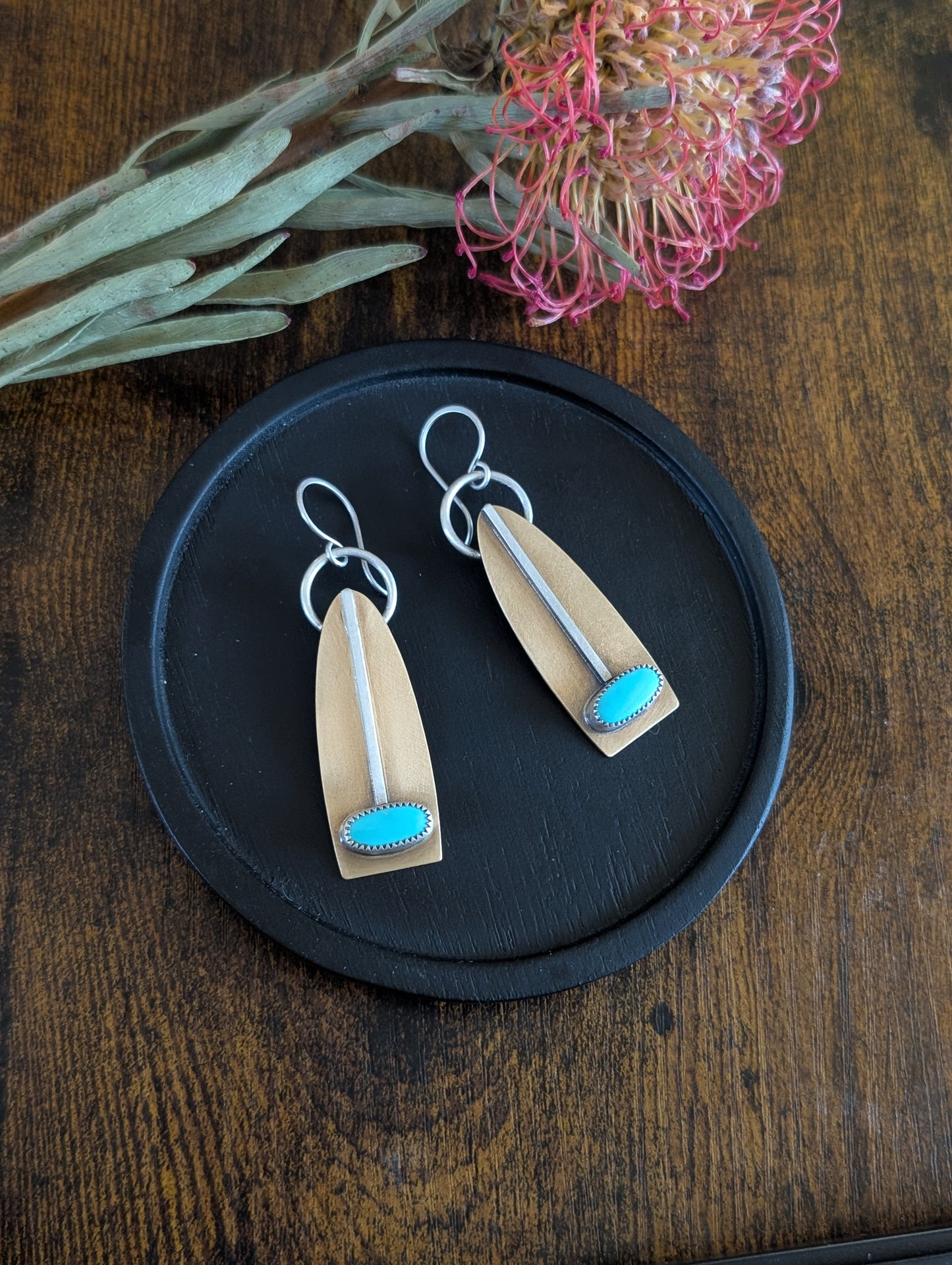 Kingman Turquoise + Brass + Sterling Silver Earrings