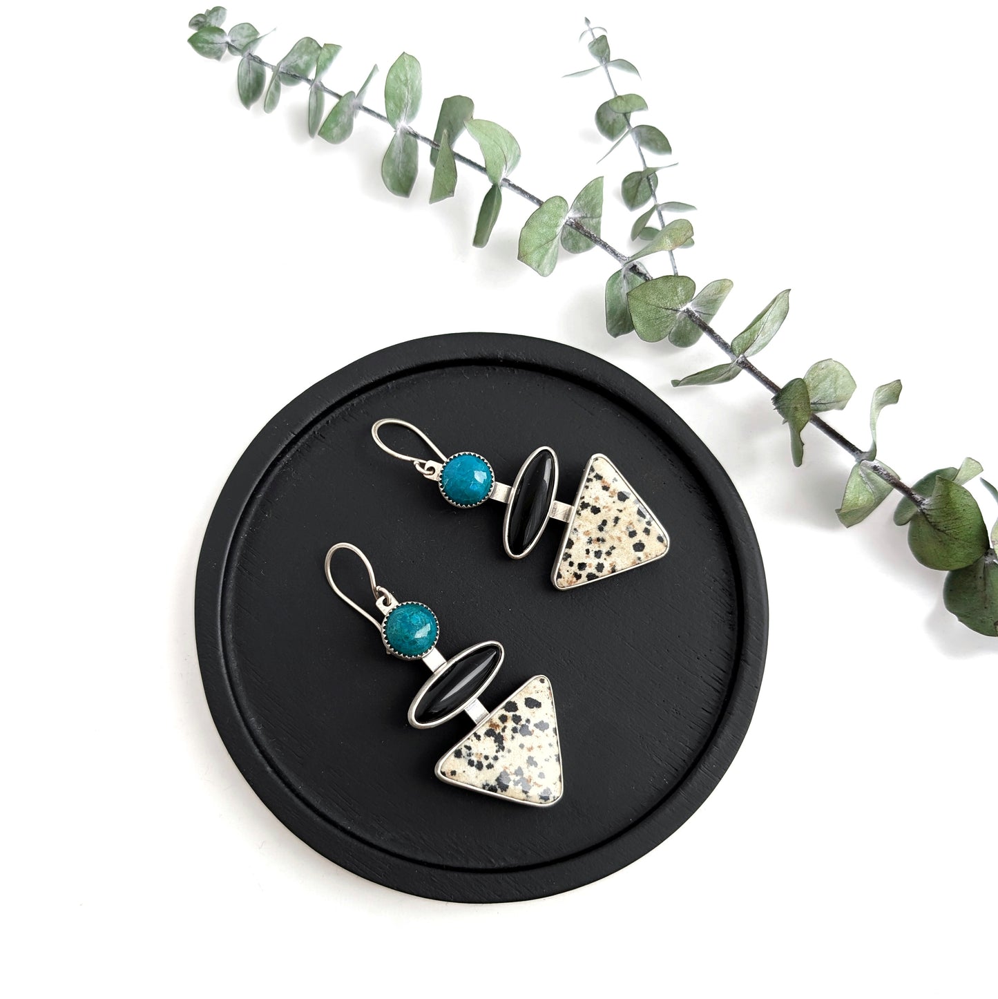 Tiered Gem Earrings: Chrysocolla Black Onyx Dalmatian Jasper