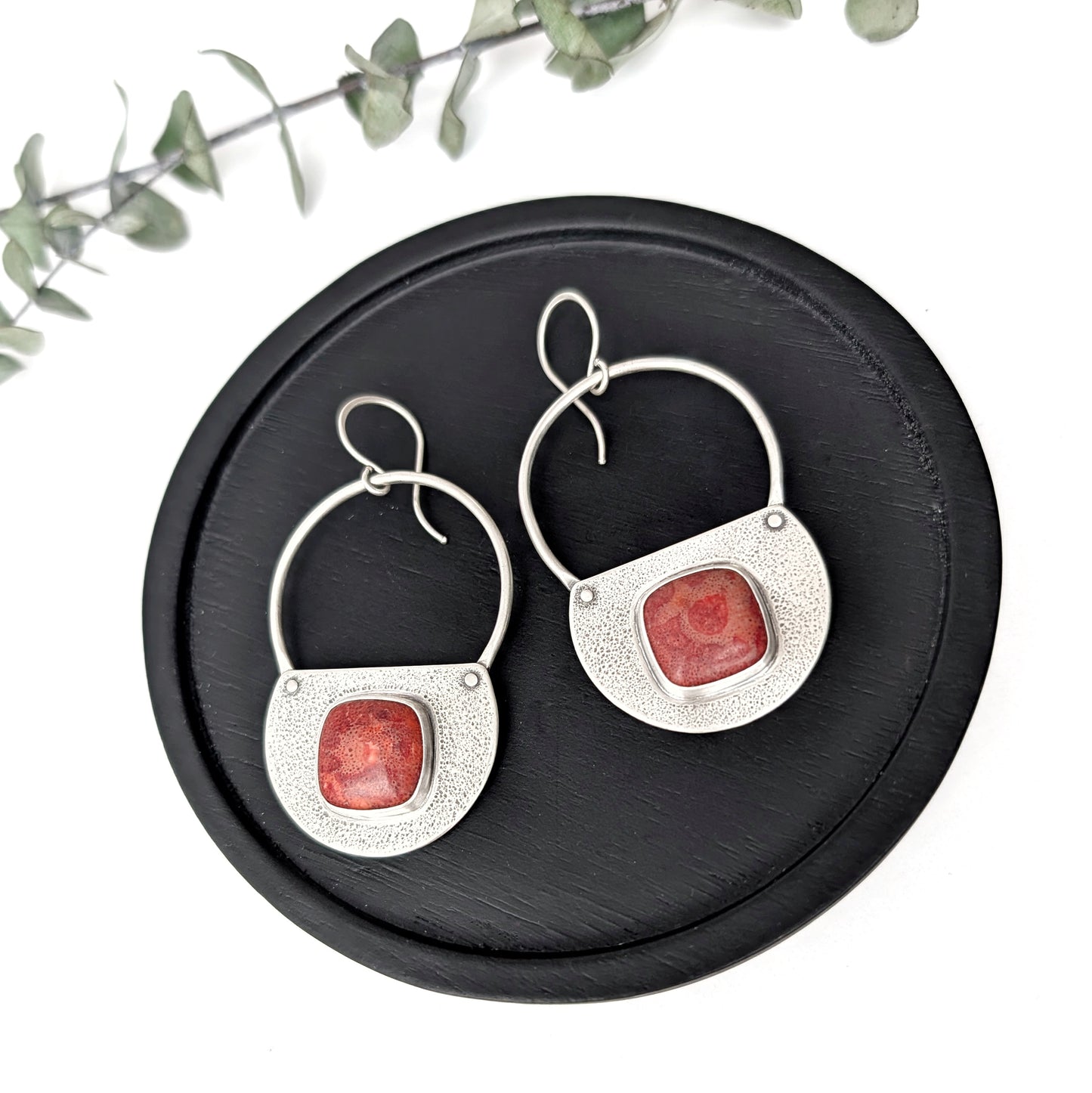 Red Sponge Coral Riveted Statment Earrings